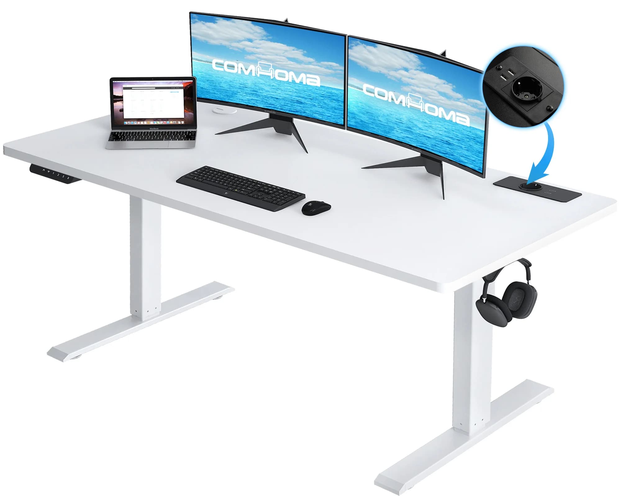 COMHOMA Height Adjustable Writing table with USB Jack and Hook Electrically Adjustable Computer table Stand Seat table