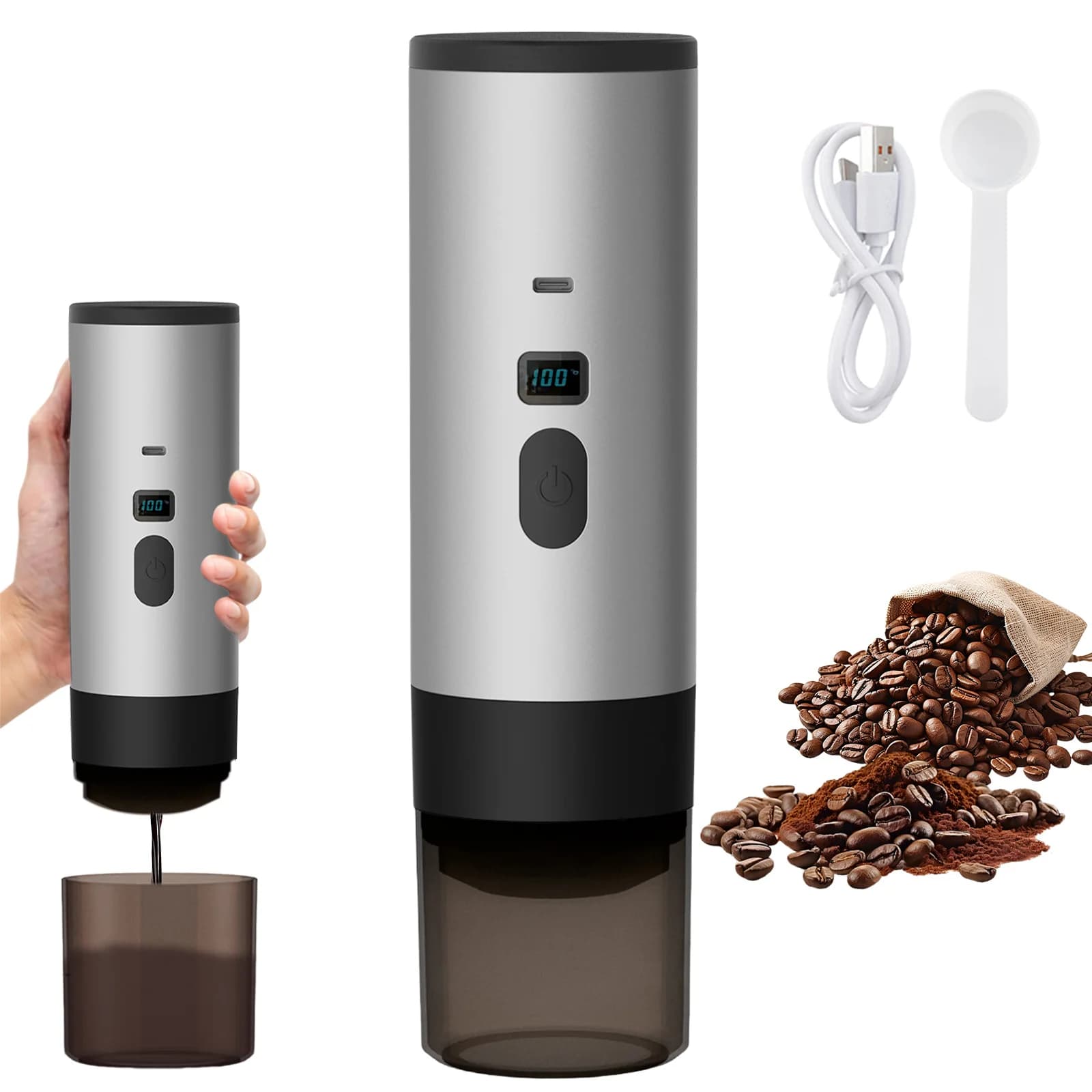 3-in-1 Portable Electric Capsule Coffee Maker USB-C Rechargeable, 120ml Cup, Cordless Heating Compact for Travel Camping Office