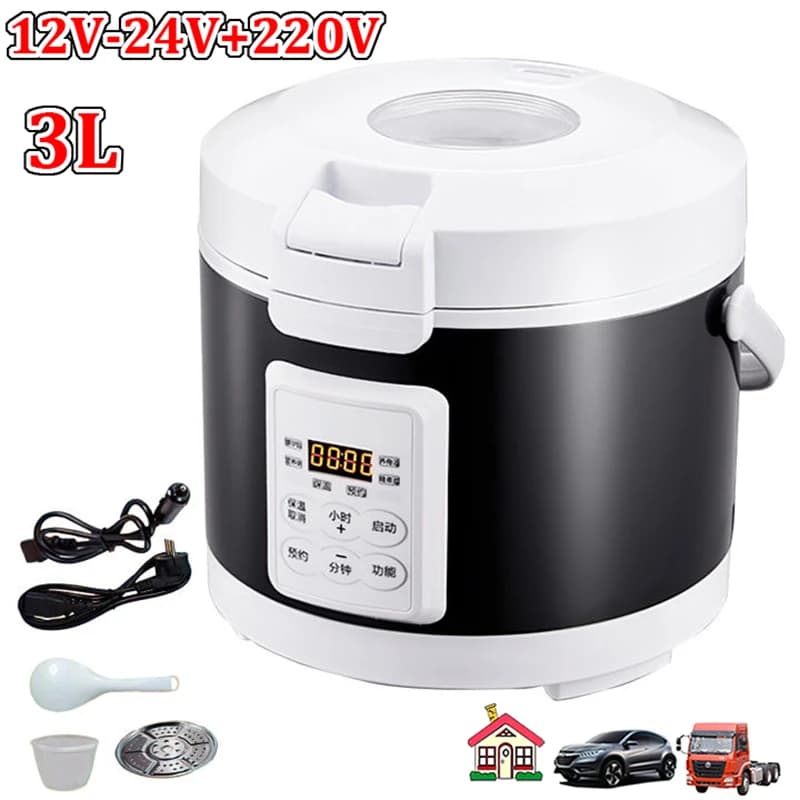 12V 24V 220V 3L Electric Rice Cooker Car Trucks Electric Soup Porridge Cooking Machine Food Steamer Warmer Heated Rice Cooker