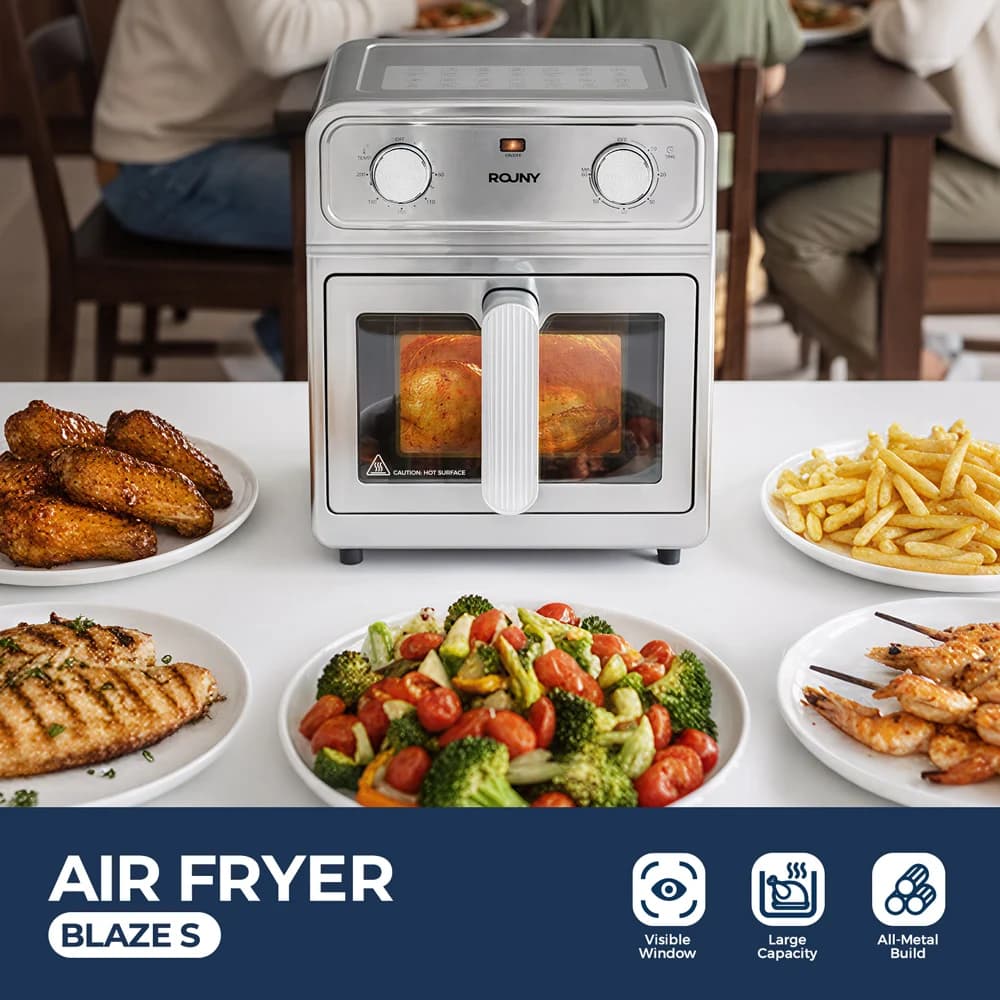 ROUNY All-Stainless Steel Air Fryer Oven with View-Window, Classic Knob Control 80-200℃ Dual-Heating No-Turn Baking,Family Size