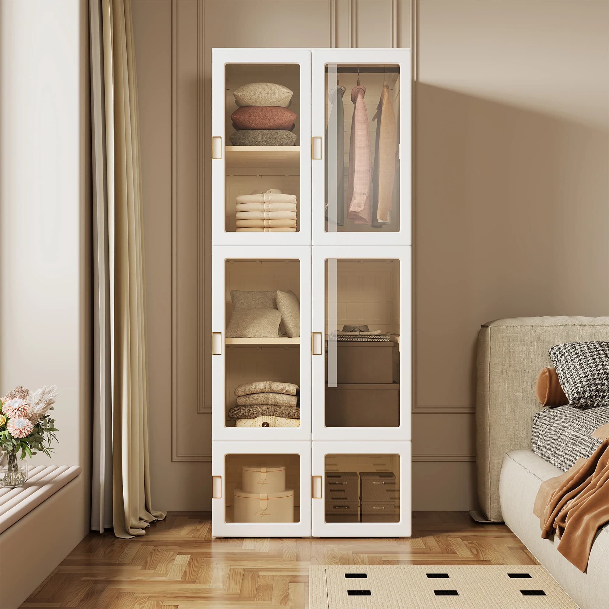 Foldable closet storage cabinet foldable cabinet closet white with 10 hand fan, 6 doors, 1 suspension, PP and PET, 170x69x50 cm