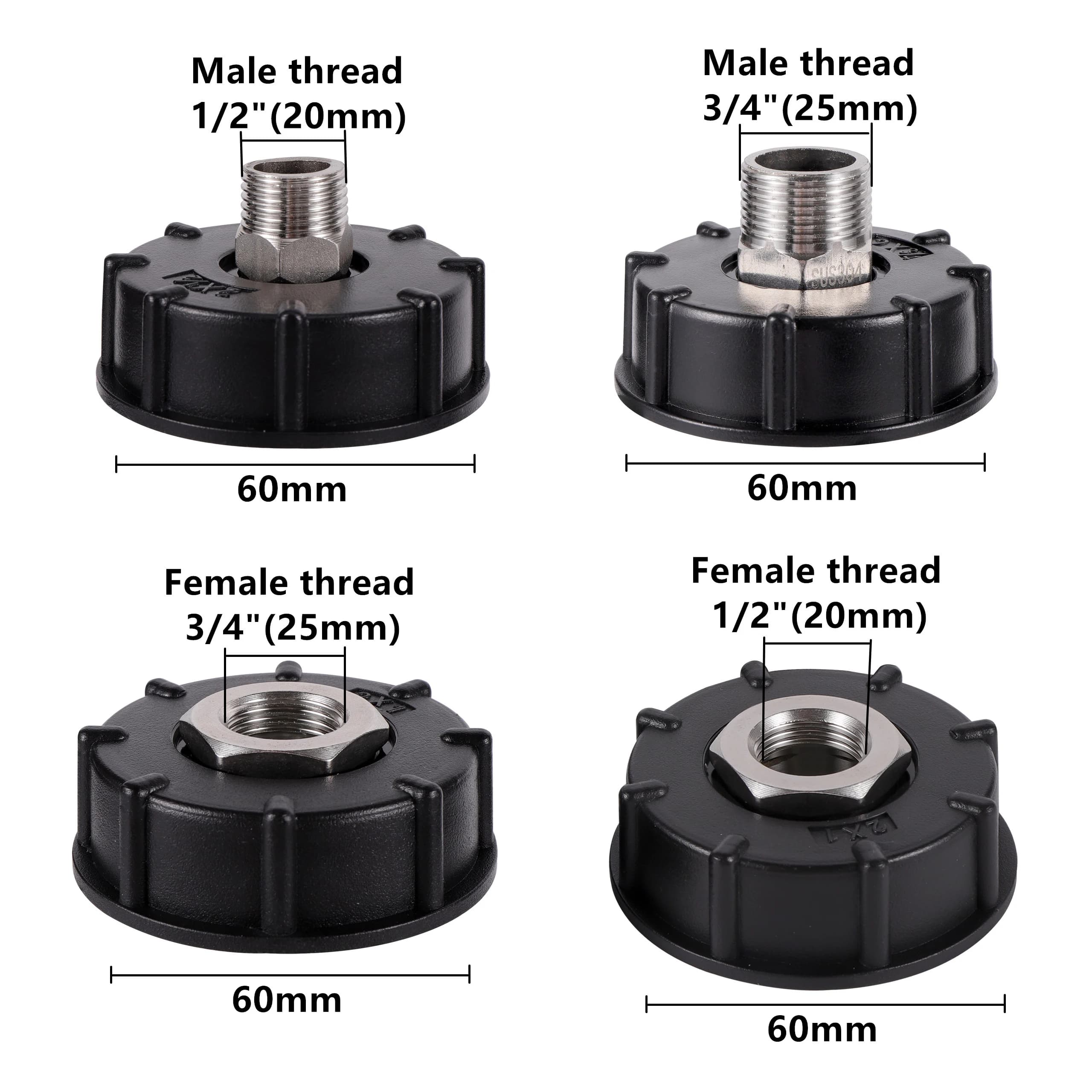 S60x6 Coarse Thread IBC Water Tank Adapter 1/2" 3/4" Male Female Thread Stainless Steel Outlet IBC Containers Drain Replacement