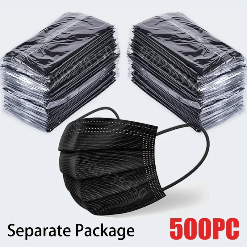 10/50/100/200/500 Pcs Mask Disposable Separate Package Black Face Masks Independent Packaging 3 Layer Ply Safe Protective Mask