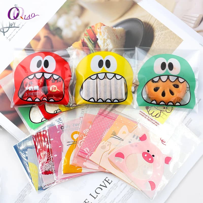 100pcs Cookie Candy Bag Cute Cartoon Self-adhesive Plastic Packing Bag For Biscuit Gift Food Packing, Baking Package