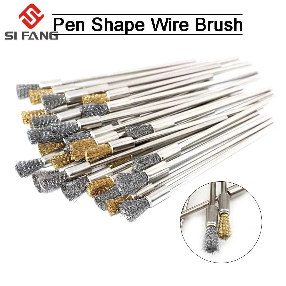 10pcs Professional Stainless Steel Wire End Brush Brass Pen Shape 6mm Extension Rod 1/8"Shank for Jewelry Polishing Rotary Tool