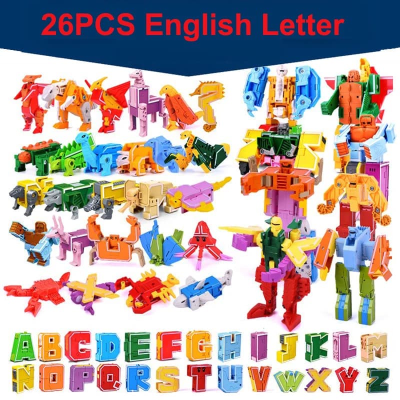 26 GUDI English Letter Learn A-Z Alphabet Transformation Robot Dinosaur Deformation Animal Action Figures  Building Block Toys