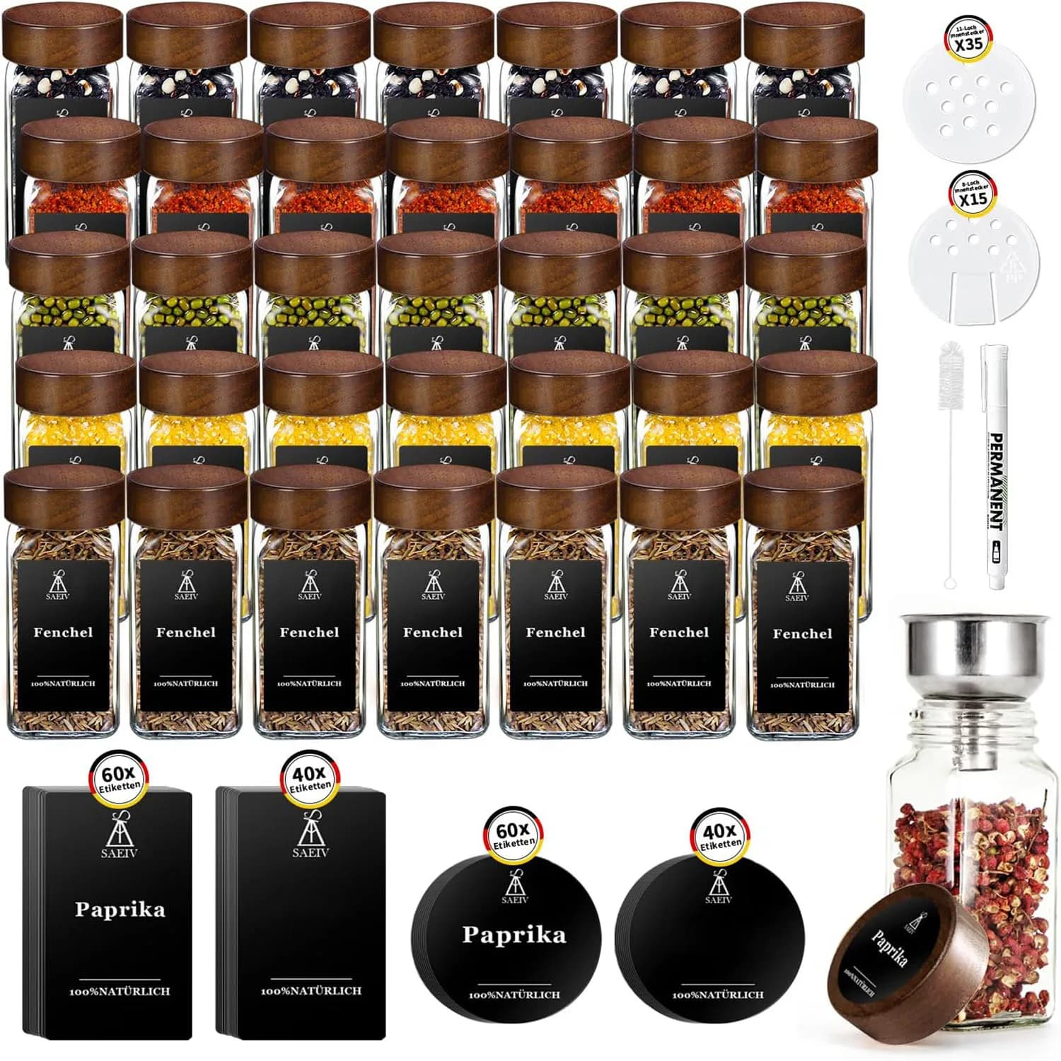 Square Spice Jar with Rosewood Lid | 120ml Glass Spice Container | 12/24/35-Piece Spice Jar Set with Labels