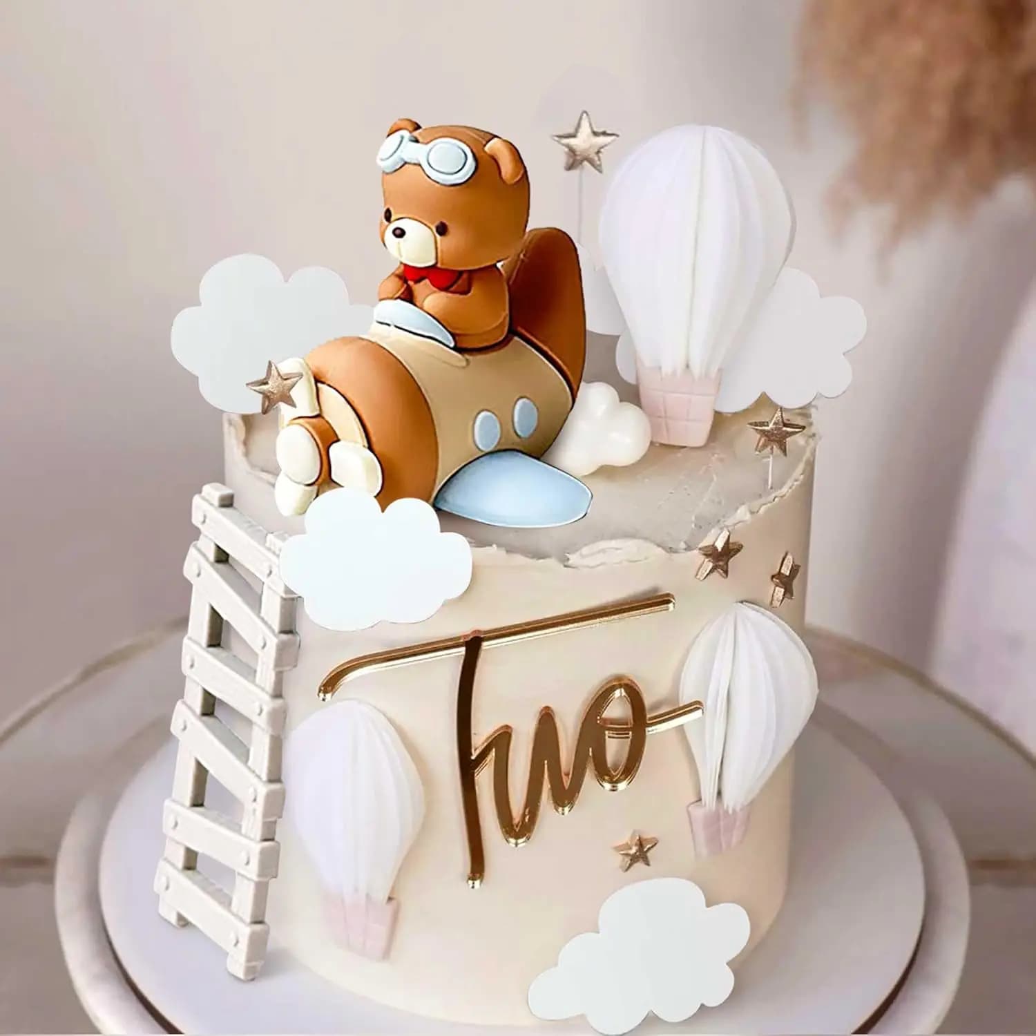 13Pcs Airplane Bear Cake Topper - Plane Bear Star Cloud ladder Cake Decorations for Time Flies 1st Birthday, Baby Shower