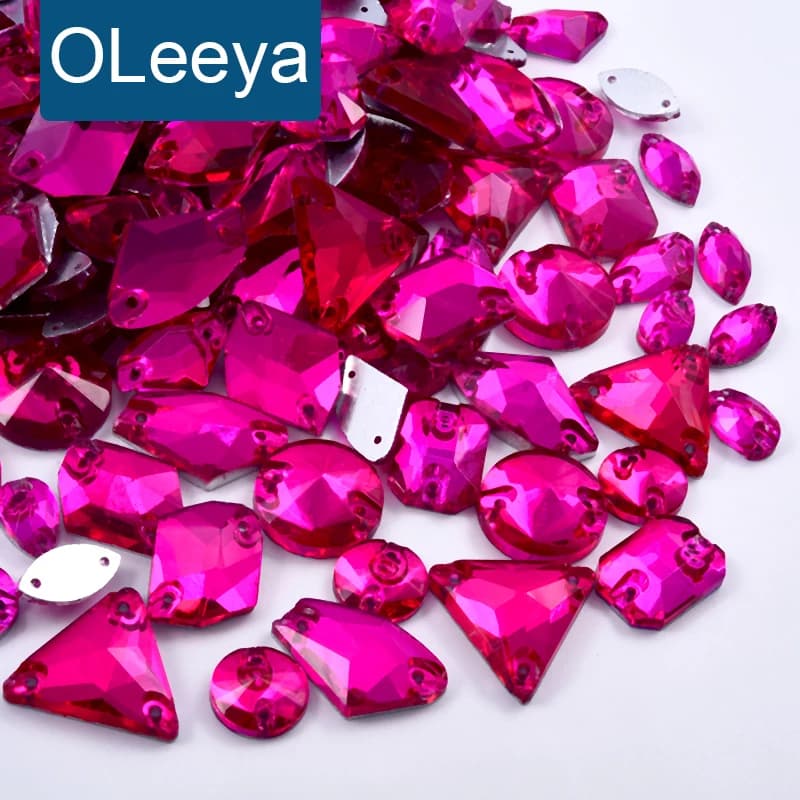 OLeeya Hot Pink Rose Mix Shapes Glass Flatback Sew-on Rhinestone Sewing Strass Crystals Diamond For Wedding Dress Decoration