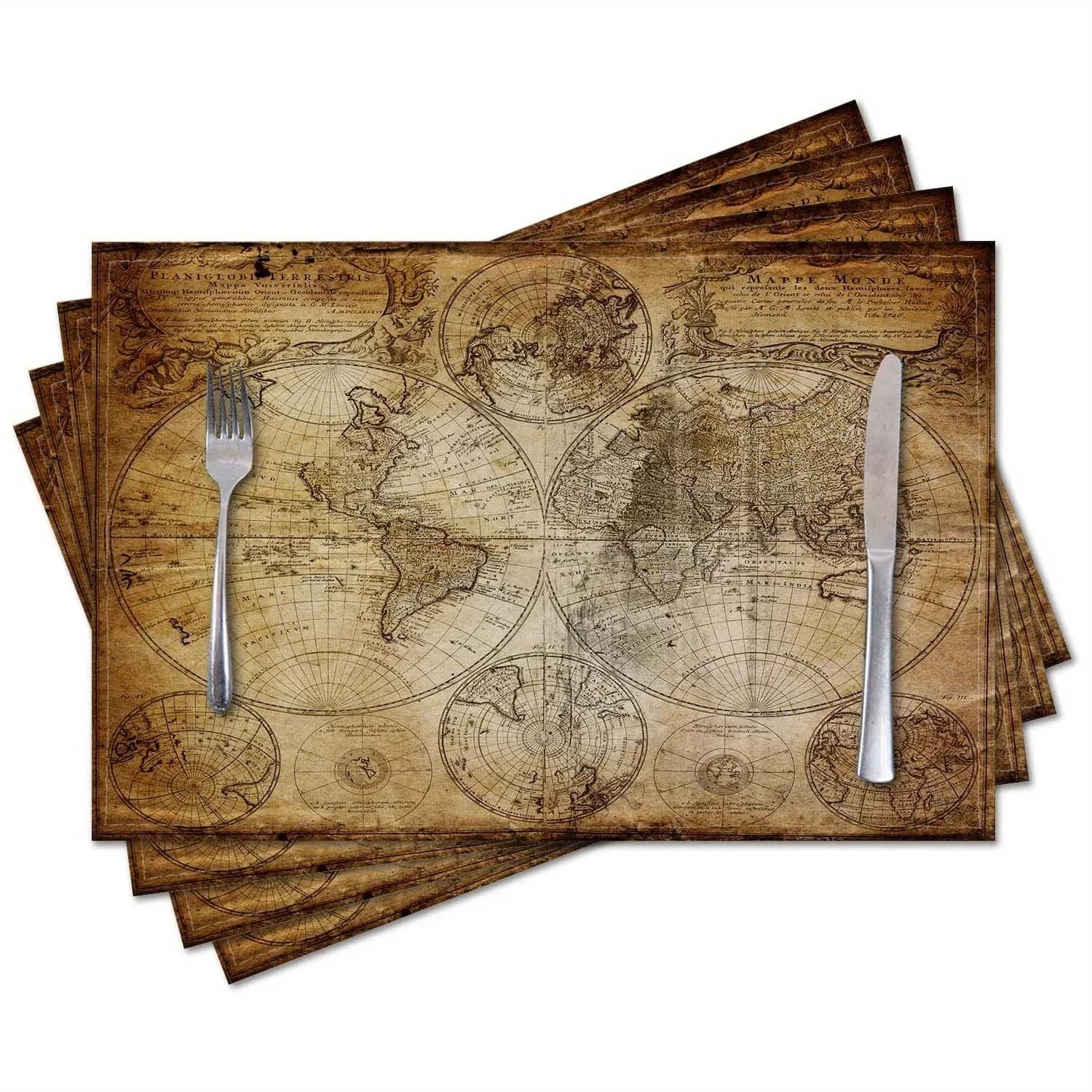 1PC Retro Nautical Map of The World Placemats,Washable Table Mat, Kitchen home Party Decoration