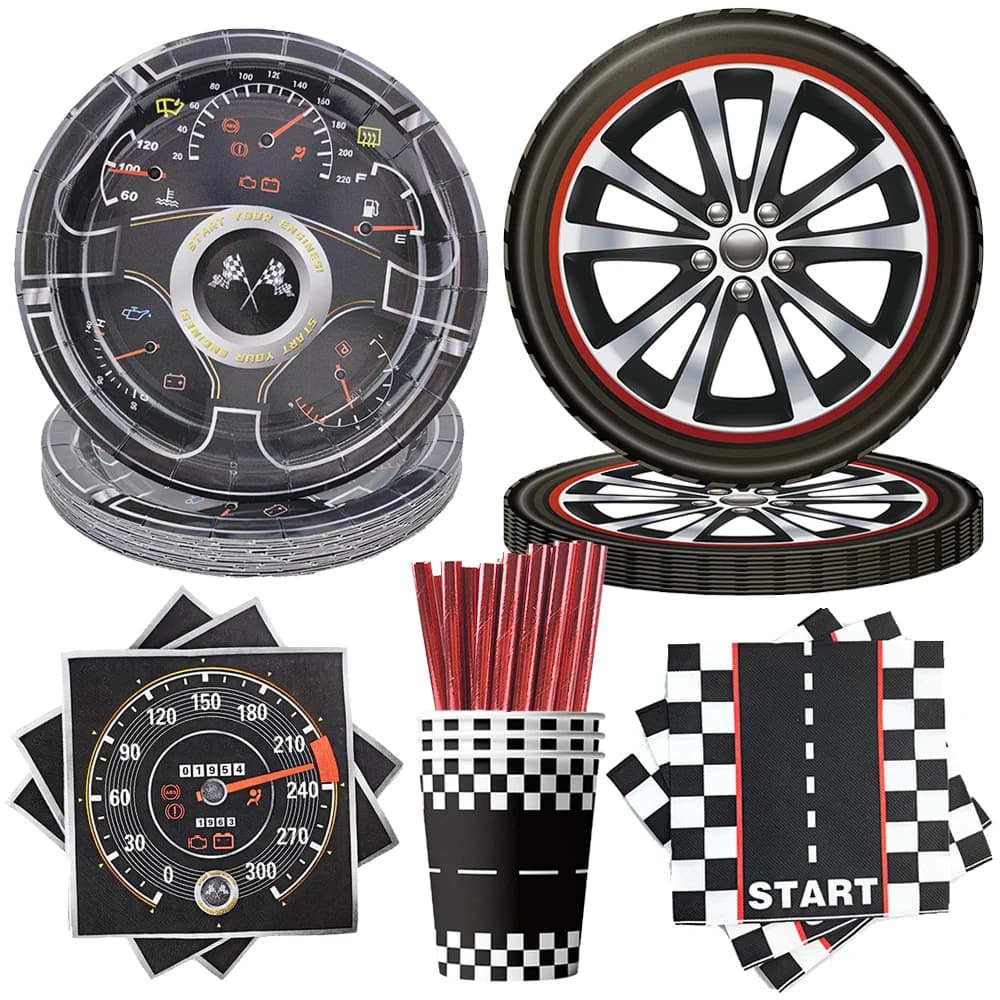 Racing Car Tire Theme Wheel Pattern Disposable Tableware Paper Plates Cups Napkins Kids Boys Birthday Party Decoration Supplies
