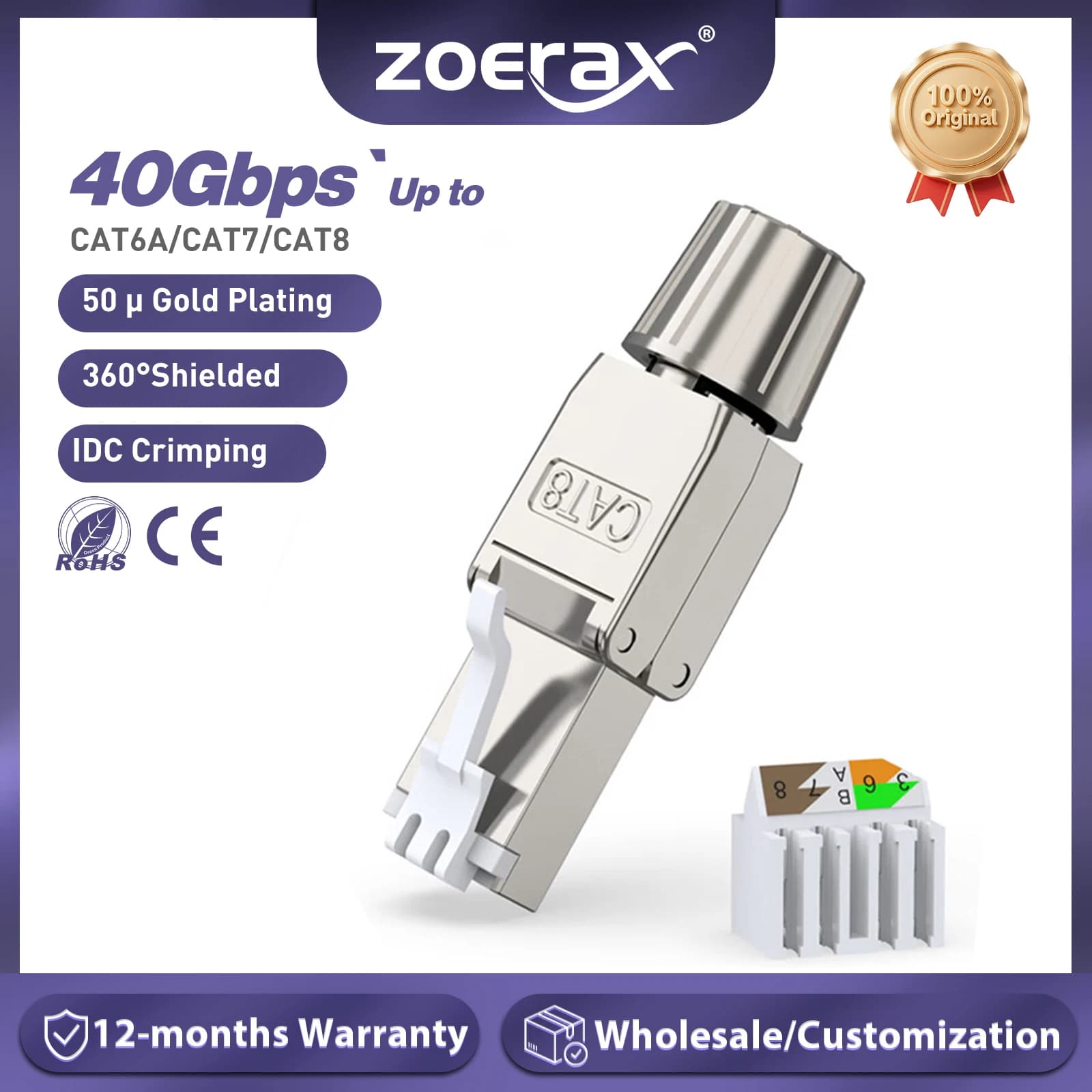 ZoeRax RJ45 Cat6A Cat7 Cat8 Tool Free Connector Reusable Shielded Ethernet Field Modular PLug 2000MHz 40Gbps LAN Cable 22-26AWG