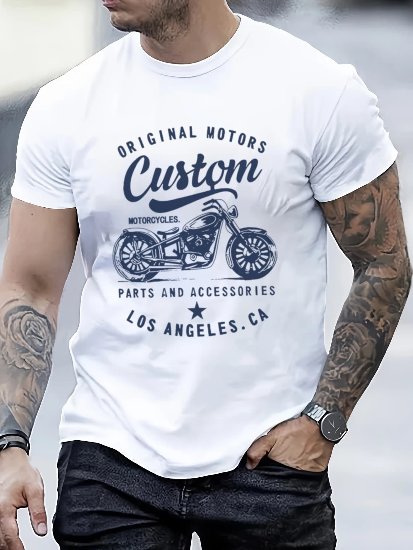 Men's 100% cotton fashionable casual loose oversized retro motorcycle pattern printed round neck short sleeved t-shirt