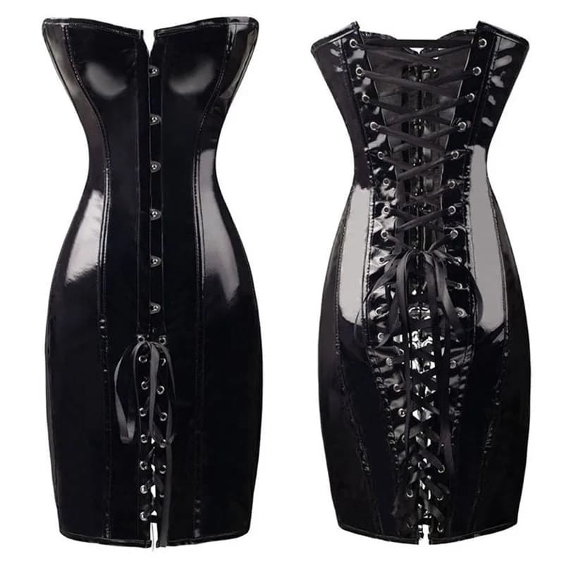 Lace Up Faux Leather Corset Dress Wetlook PVC Steampunk Gothic Strapless Bustier Dress Vintage Club Halloween Party Corselet