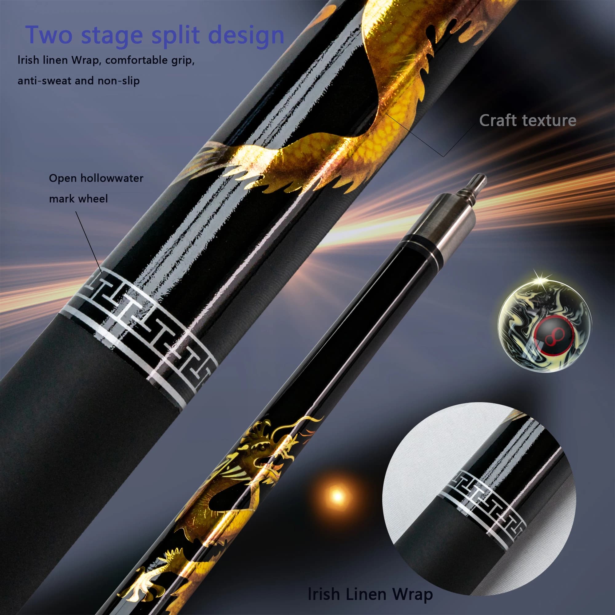 Professional Carbon Fiber Billiards Cue Stick Chinese Dragon Design 13mm Tip Ideal for Nine Ball and Carom Billiards Durable