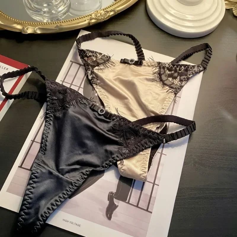 SP&CITY European Hot Sexy Satin Thongs Women's Low Waist Bow Lace Hollow Out Underwear Cotton Crotch Soft Breathable Panties