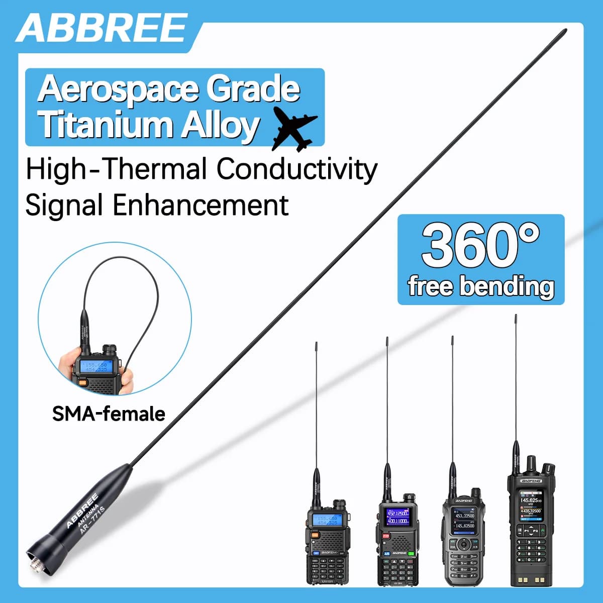 ABBREE AR-771S Aviation+Titanium SMA-Female Material Dual Band Antenna For Quansheng UV-K6 TK11 Baofeng UV-5R UV-32 UV-21 PRO V2
