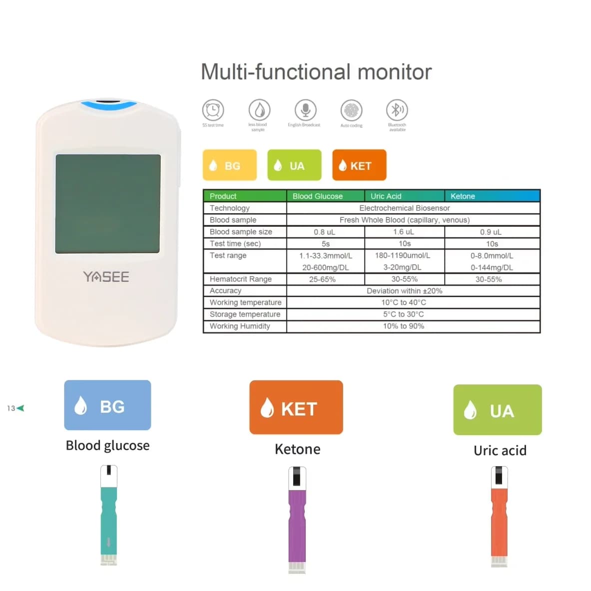 YS-206G Blood sugar Uric acid Blood ketone Three-in-one Multifunctional Blood Glucose mete Medical Grade High Precision Meter