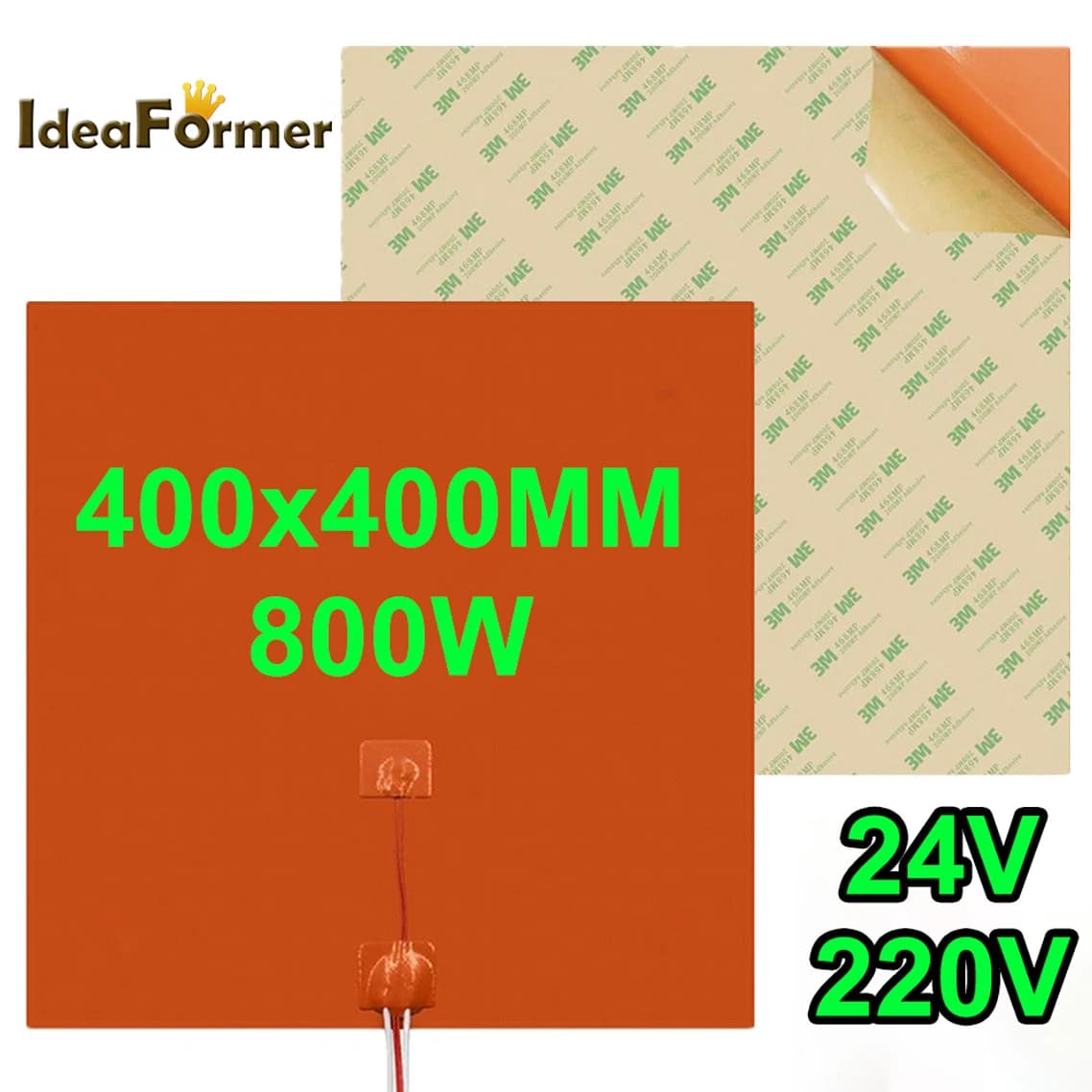 400x400mm Silicone Heating Pad 800W 24V/220V Waterproof With NTC 3950 100k Thermistor Heat Mat+Glue Adhesive 3D Printer Parts