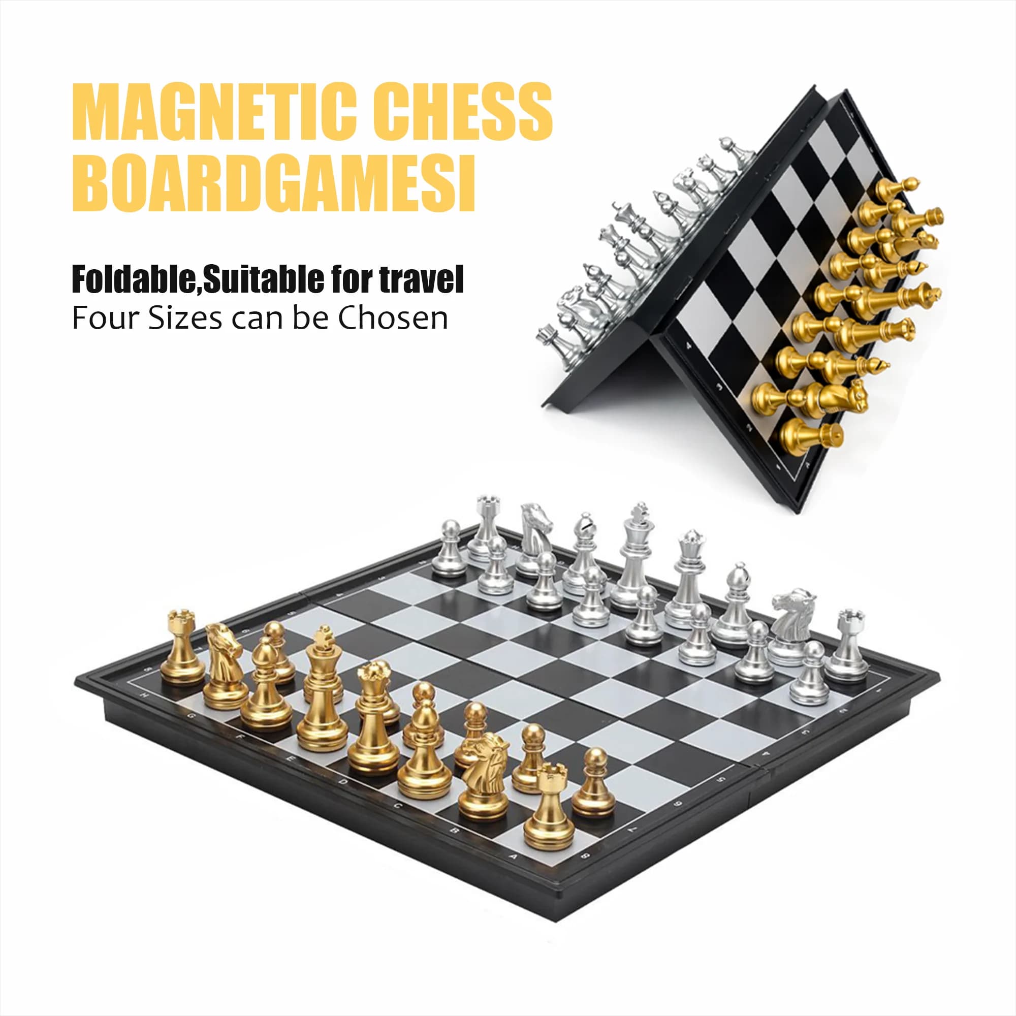 Folding Magnetic Chess Set Gold Silver Board Game with 4 Sizes Portable Travel Educational Puzzle Toy for Kids Boys Girls Gift
