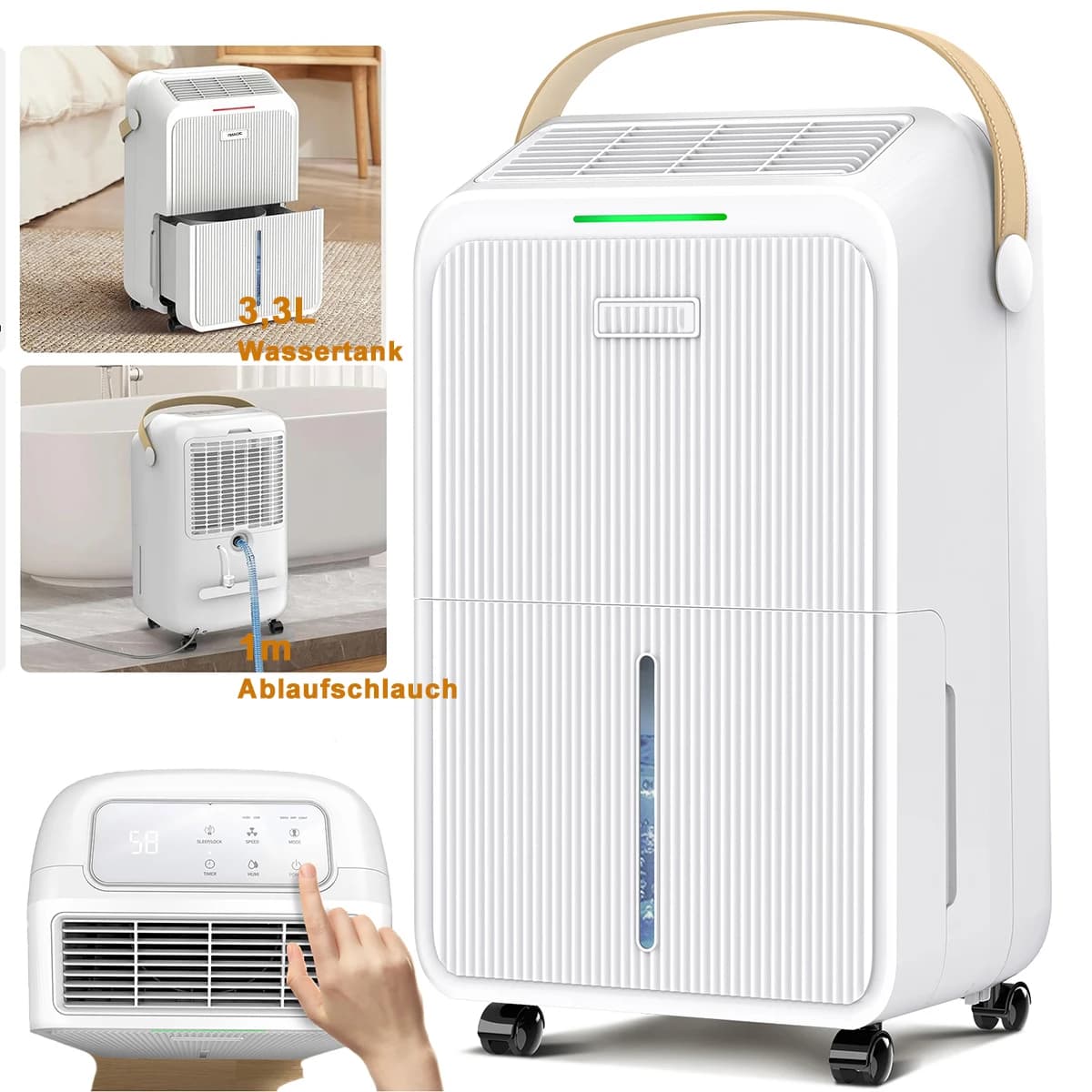 Dehumidifier 16 L/Day, Electric Dehumidifier with Drain Hose 1.2 m, Room Dehumidifier with LED Display