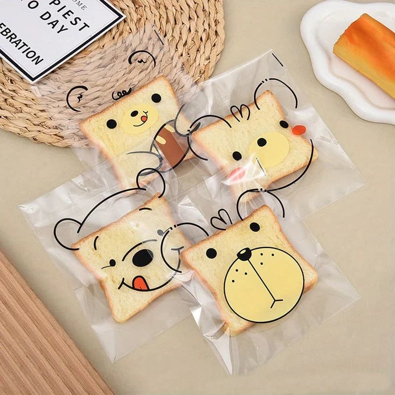 100PCS Cartoon Bear Four in One OPP Self-adhesive Bag, Donut Baking Self-adhesive Bag, Cartoon Cute Food Packaging
