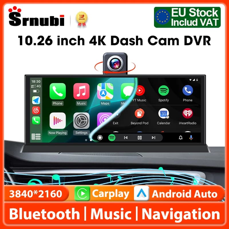Srnubi 10.26" 4K Rotate Dash Cam Car DVR,Universal Portable Carplay for Car Screen,Wireless Carplay Android Auto Bluetooth Radio