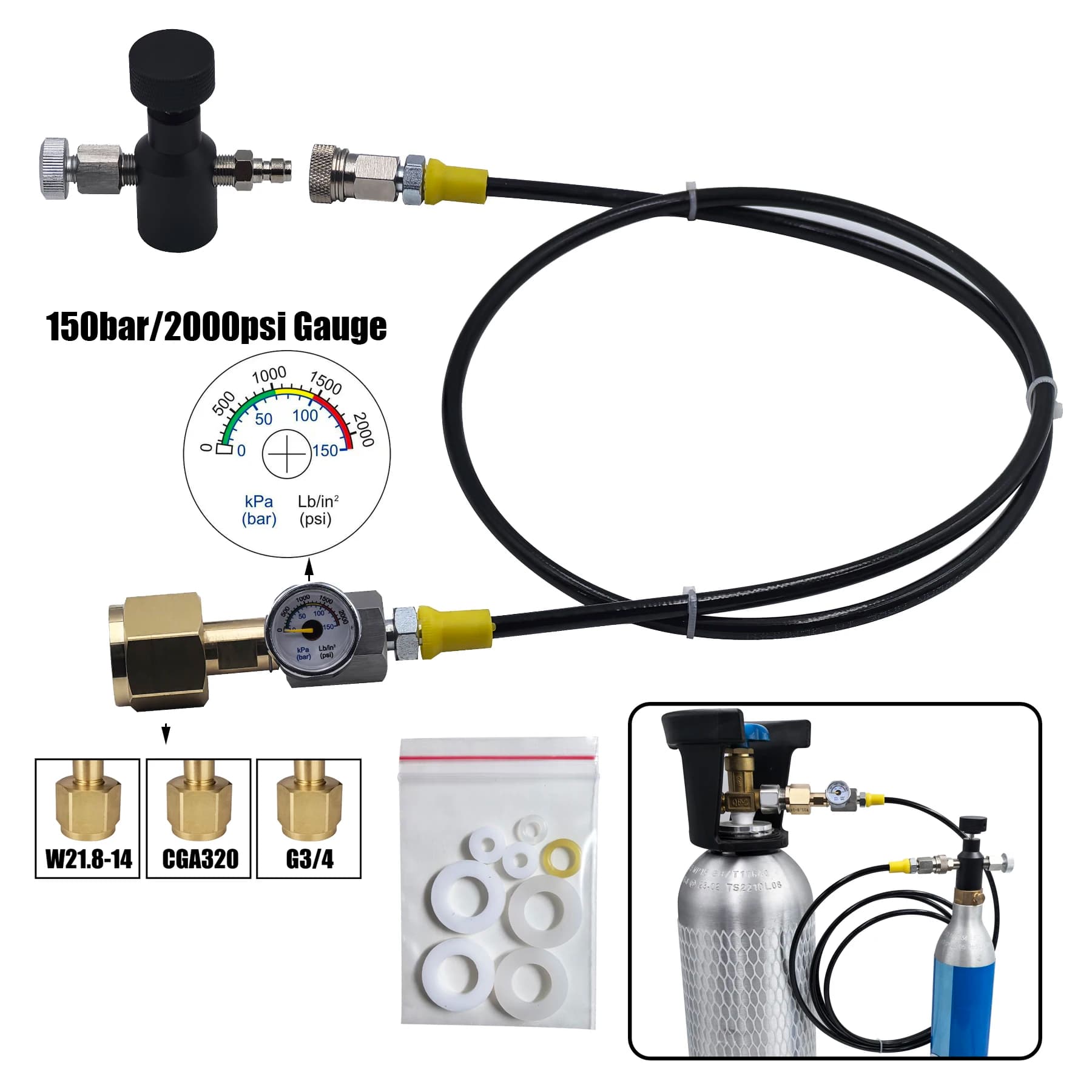 Soda Water Blue Cylinder CO2 Refill Station Adaptor With 40 or 100 inch Hose On/Off Adapter W21.8-14 or G3/4 or CGA320 Connector
