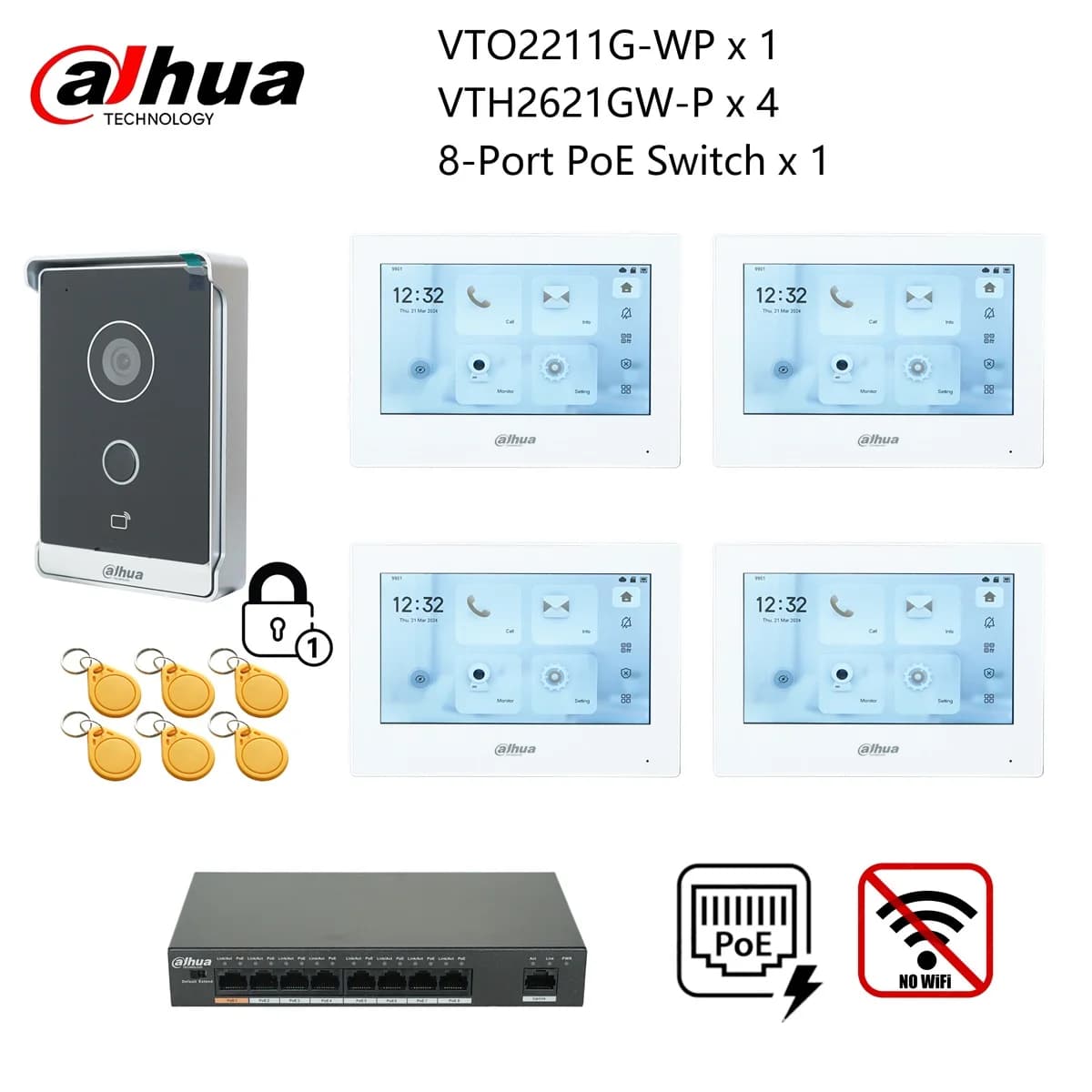 Dahua original IP Video Intercom KIT,VTO2211G-WP & VTH2621G-P & PoE switch,support phone app, RFID Card Unlock