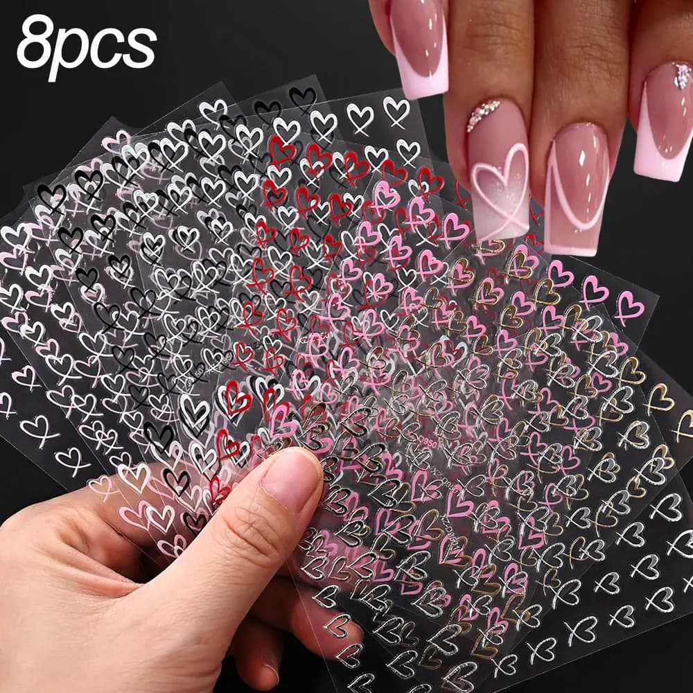 8sheets 3D Cute Love Heart Nail Sticker Pink Black White Silver Gold Graffiti Heart Nail Decals Self-Adhesive 8*10cm Nail Decora