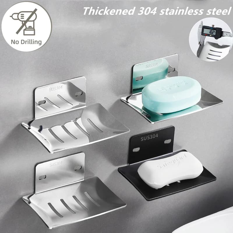 Stainless Steel Soap Holder Bathroom Soap Dish With Drain Water No Drilling Wall Mounted Soap Box Bathroom Accessories