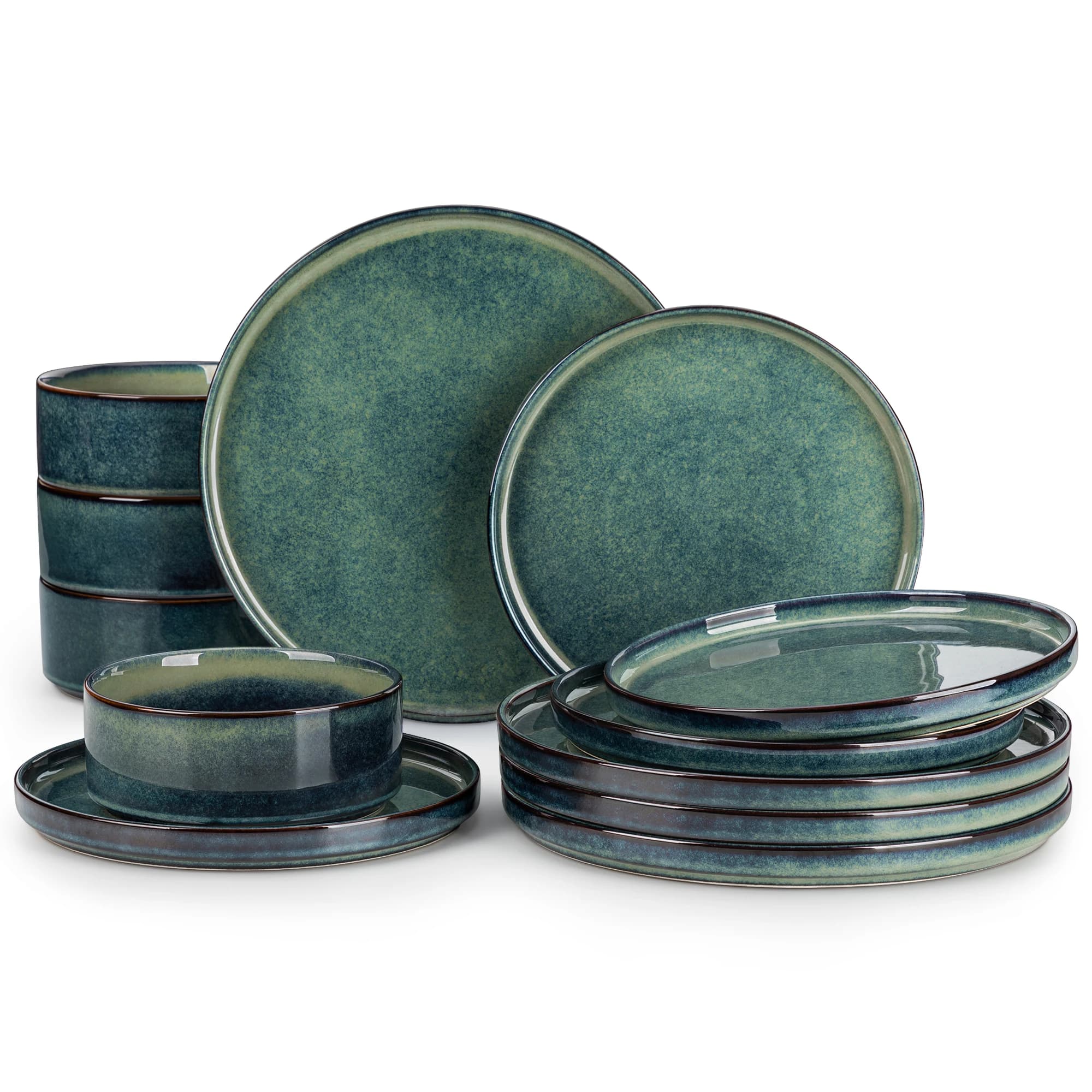 vancasso 12/24 Piece Dinner set Black Green Reactive Glaze Vertical edge Dinnerware set with 4PCS Dinner Plate/ Dessert/Bowl