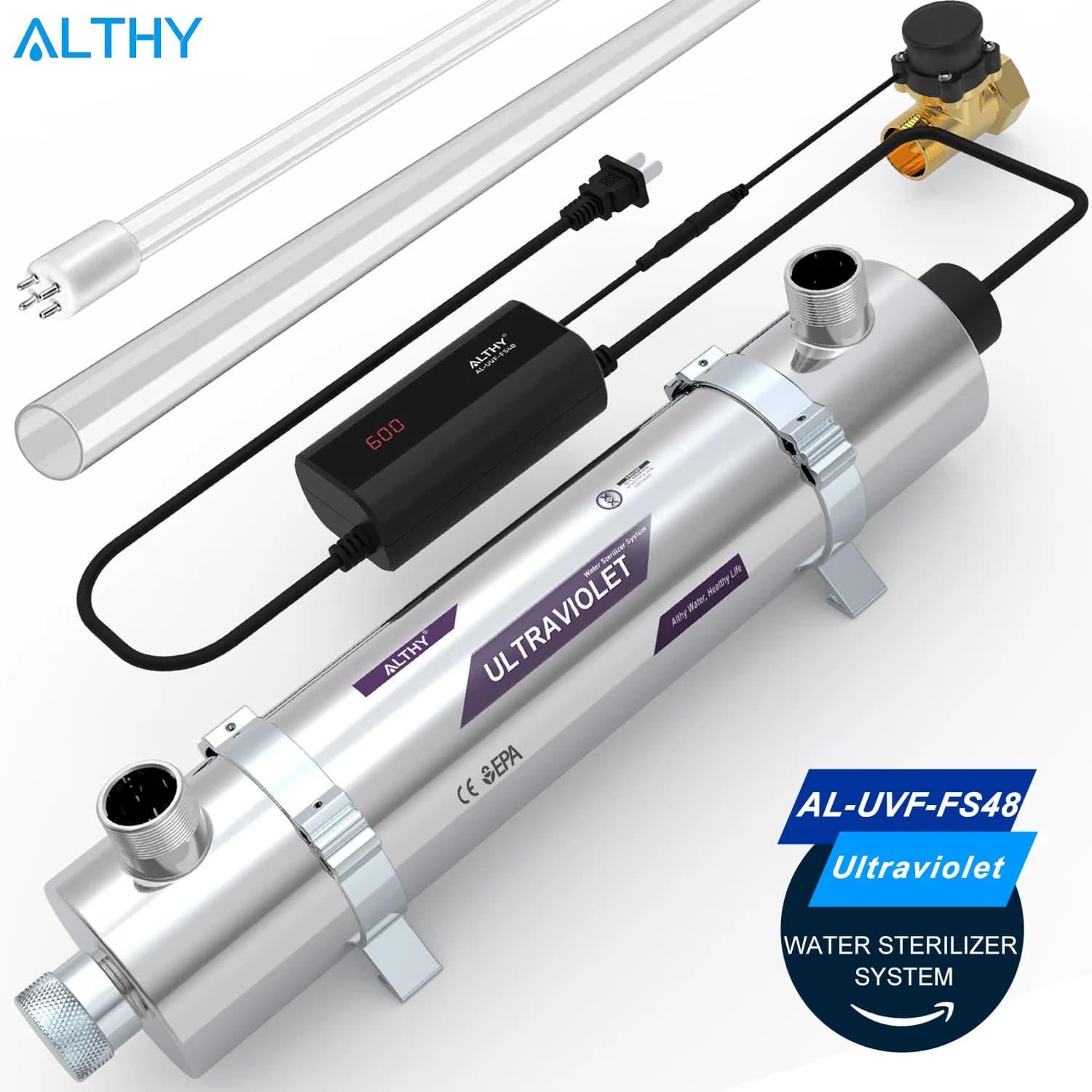 ALTHY Whole House UV Ultraviolet Water Sterilizer System Filter Purifier + Smart Flow Control Switch Stainless Steel 12GPM