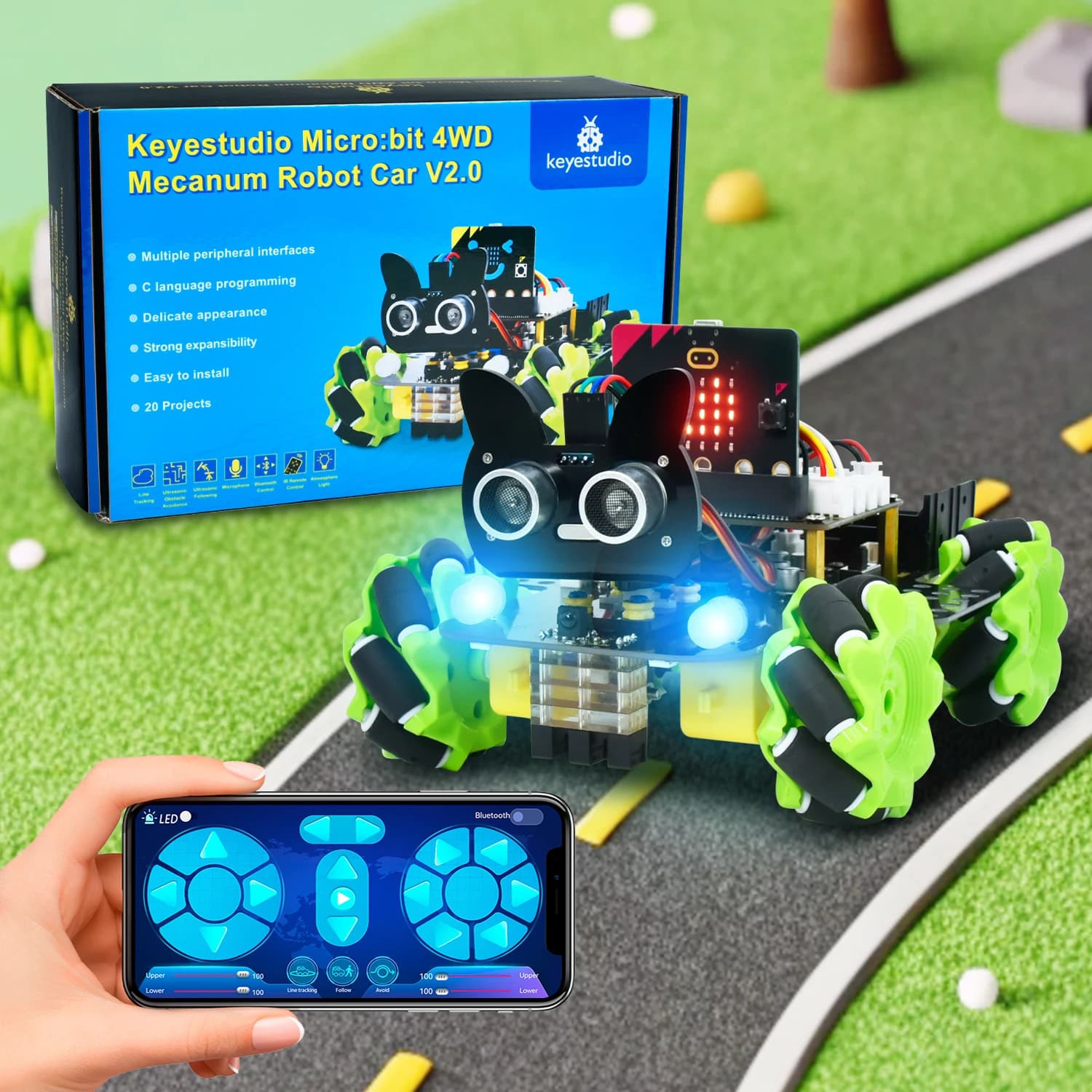 Keyestudio Microbit V2.0 4WD Mecanum Smart Robot Car+18 Projects For BBC Micro:bit Robot Car Python Kit STEM Programmable Robot
