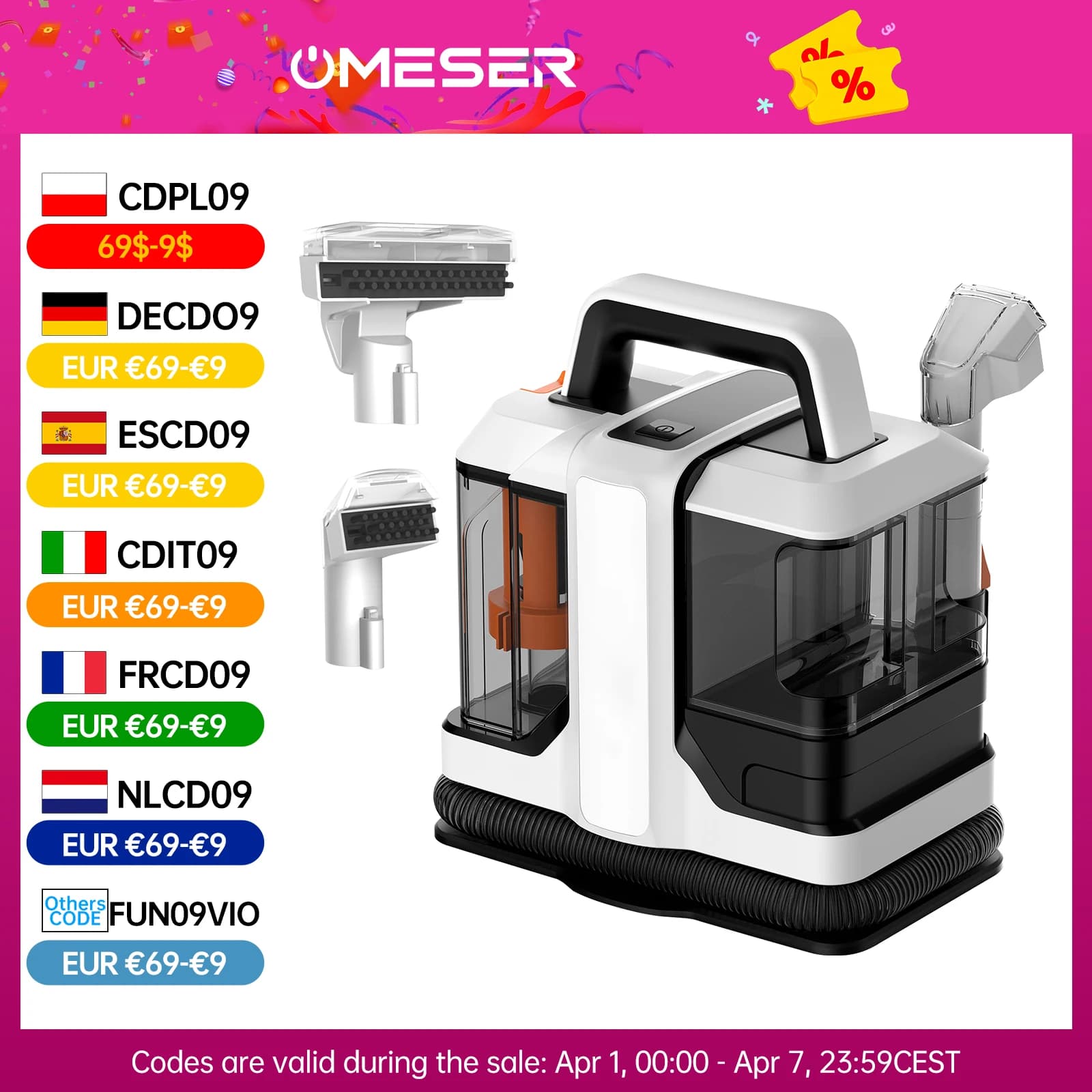 OMESER 750W 15KPa Carpet Cleaner Machine Spray Suction Washing Portable Spot Cleaner Upholstery for Floor Sofa Car Accessories