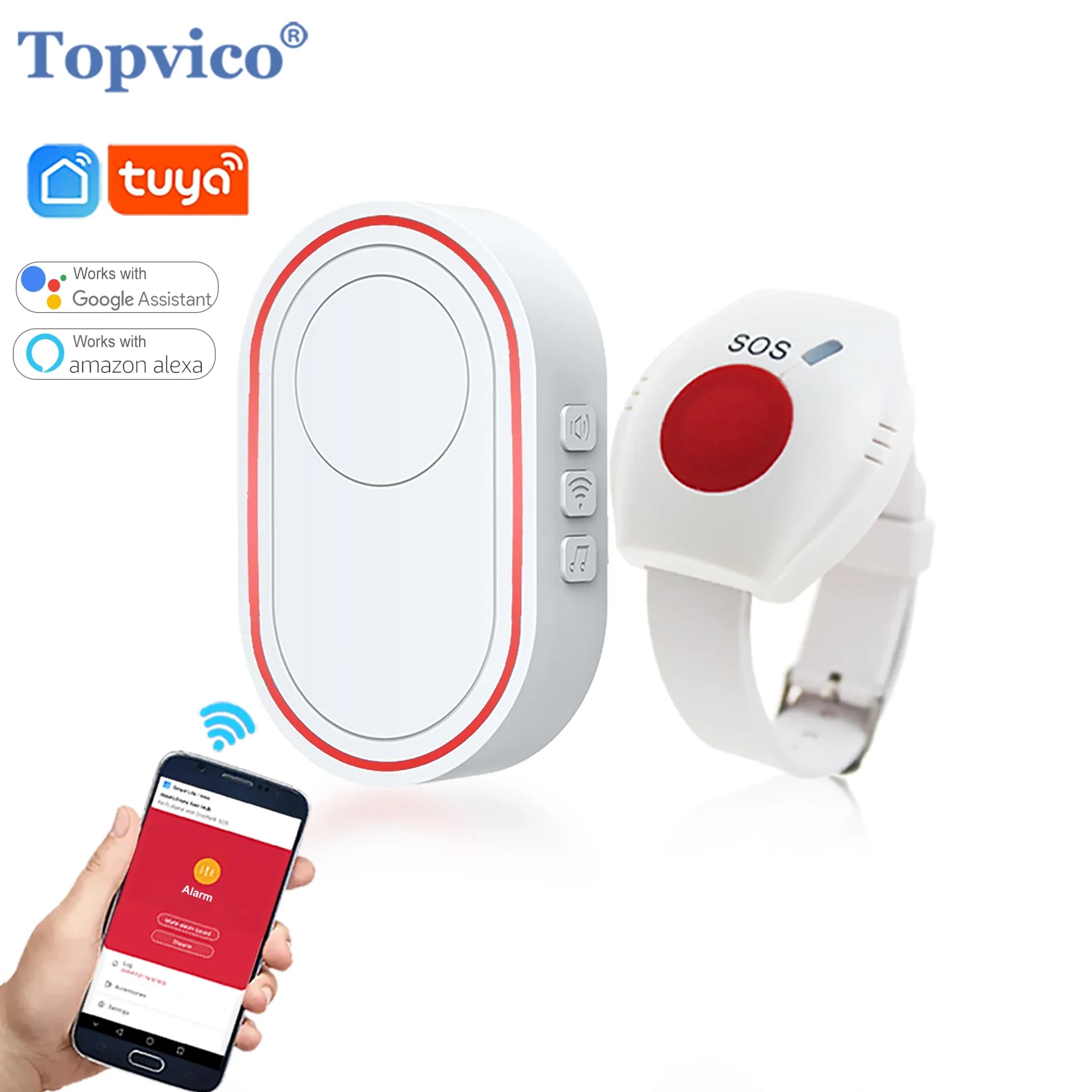 Topvico WIFI Panic Button for Elderly Alarm SOS Bracelet Watch Fall Alert Senior Emergency Call Wireless Caregiver Pager Tuya