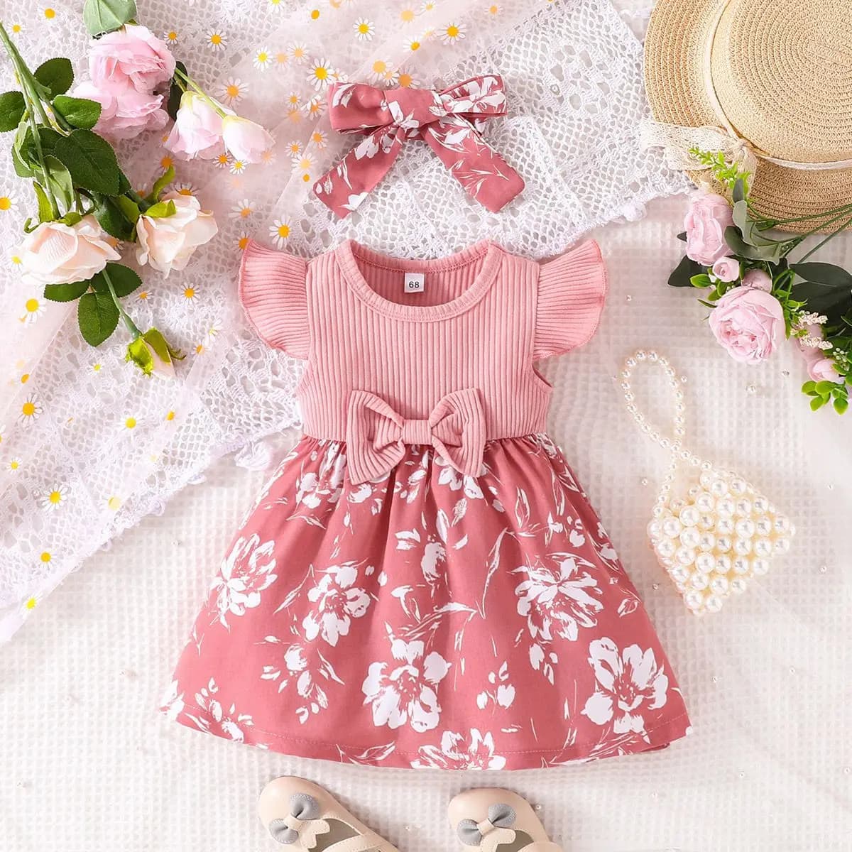 2025 Summer Infant Toddler Sweet Bow Fly Sleeve Dress European And American Style Girls Ins Style Hundred Days Princess Dress