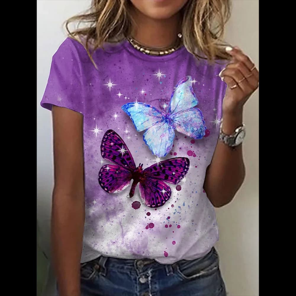 Summer Children's T-Shirt 3D Butterfly Print Top Short Sleeve Tee Fashion Round Neck Clothes for Teenagers Fashion Girl Clothes