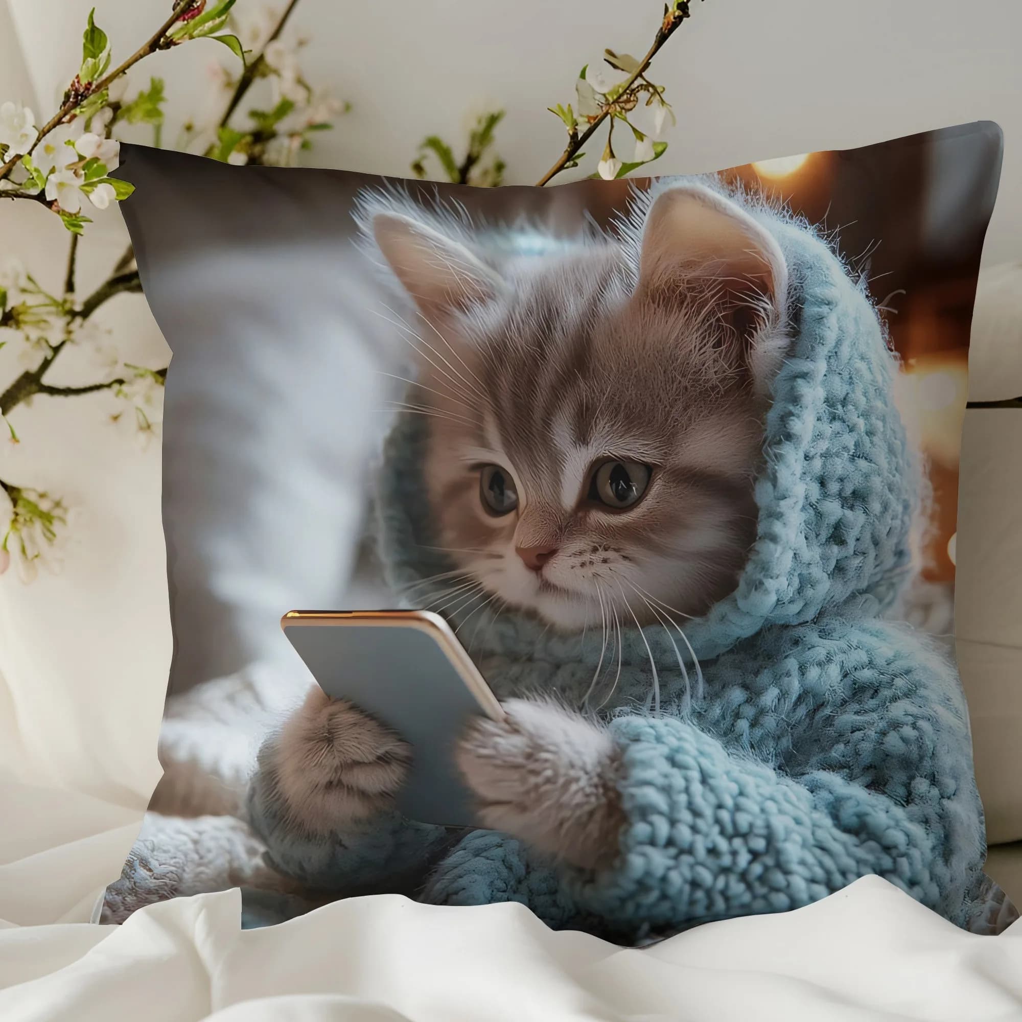 Cute Kitten in Hoodie Pillowcase: Cozy and Adorable for Your Home! Sofa cushion cover, home decoration, 2D printing
