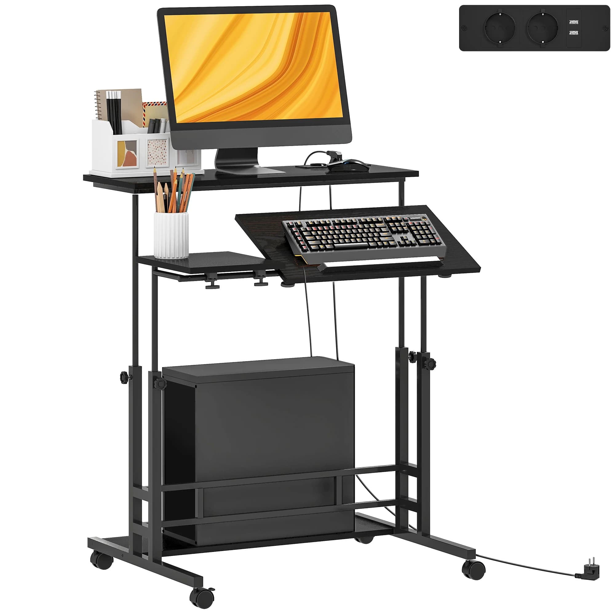 Homcom Liftable Desk with Wheels, Sockets, USB Ports, Adjustable Height, Inclined Central Panel and Shelf 80X60 cm Black