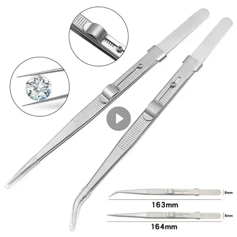 Professional Stainless Steel Tweezers Adjustable With Buckle Slide Lock Antistatic For Diamond Gem Jewelry Making Precision Tool
