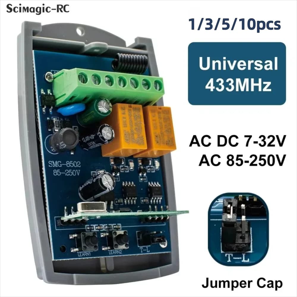 433.92MHz Universal Garage Door Remote Control Receiver AC DC 7-32V 85-250V Switch Module 2CH 433 Rolling Code Momentary Toggle