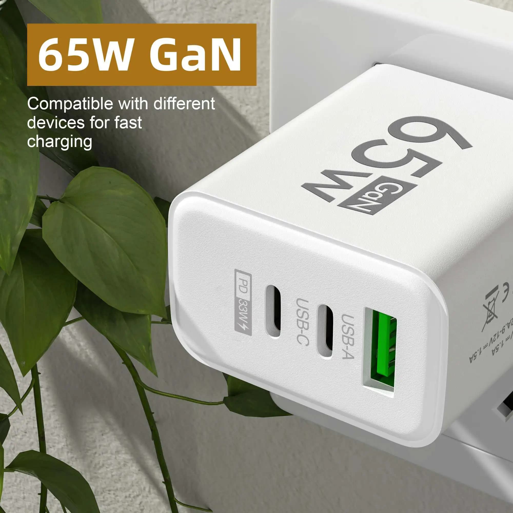 Total 65W GaN USB Charger Type C PD 3 Ports Fast Charging Cellphone Adapter Quick Charge 3.0 For iPhone Xiaomi Samsung Huawei