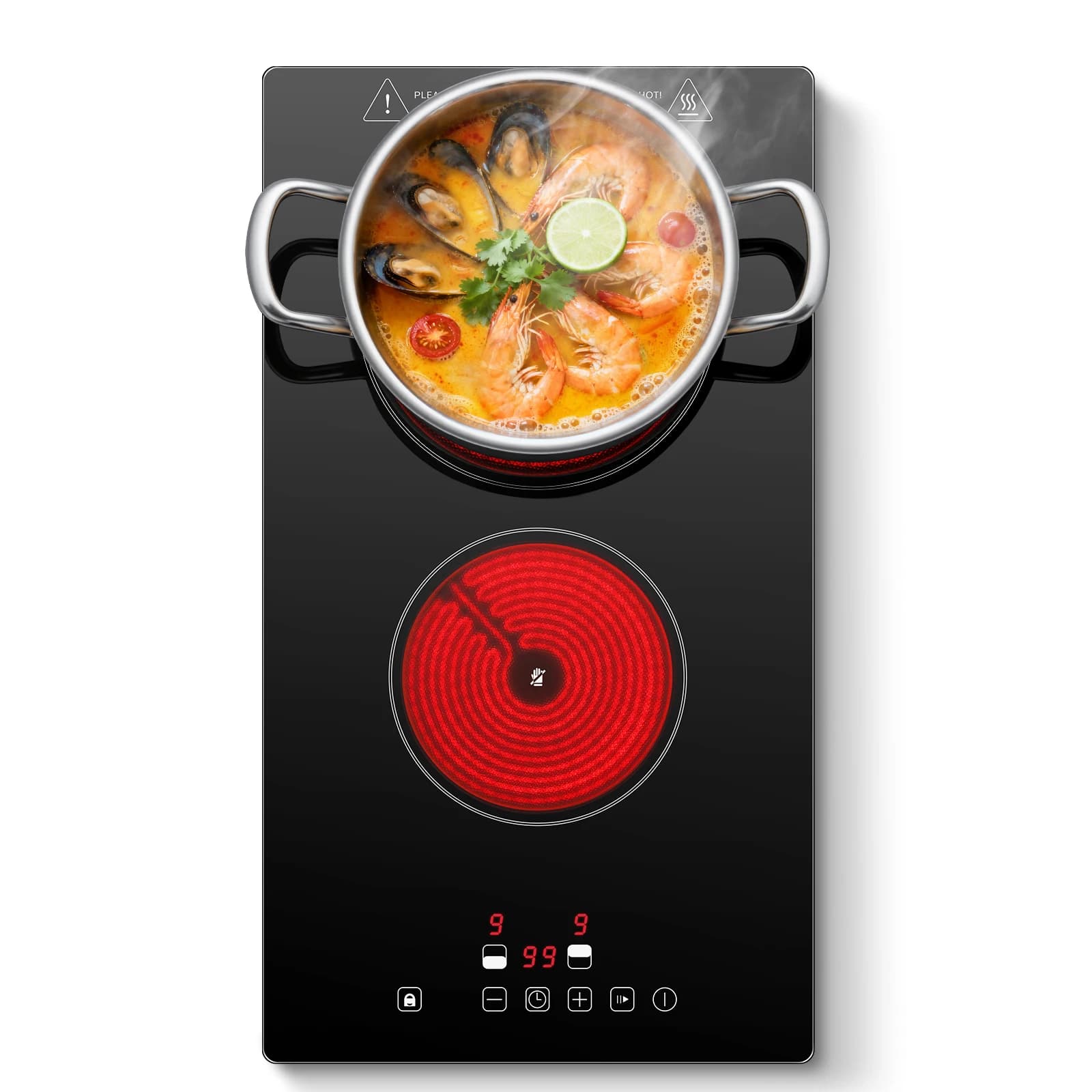 2-Zone Ceramic Hob, 3000W with Child Lock, 9 Heat Levels, 1-99min Timer, Black (CE Certified)