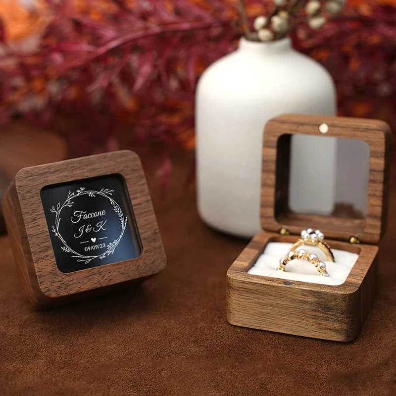 Free Custom Name Walnut Wooden Ring Box Personalized Wedding Anniversary Gift Walnut Wood Engagement Wedding Rings Box Gift