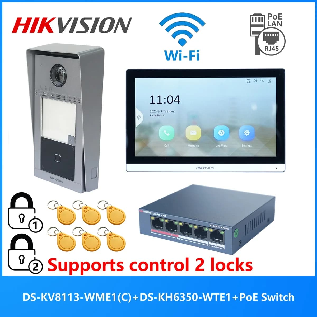 HIKVISION Original Multi-language POE Video intercom KIT,include DS-KV8113-WME1(C) & DS-KH6350-WTE1 & PoE Switch