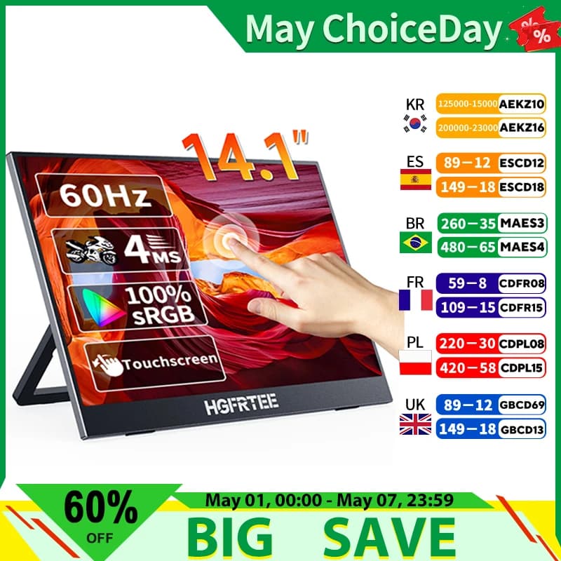 HGFRTEE Portable Touch Monitor 14.1 Inch Ultra-thin Touch Portable Laptop Monitor for Laptops PC Mobile Phone Xbox PS4/5