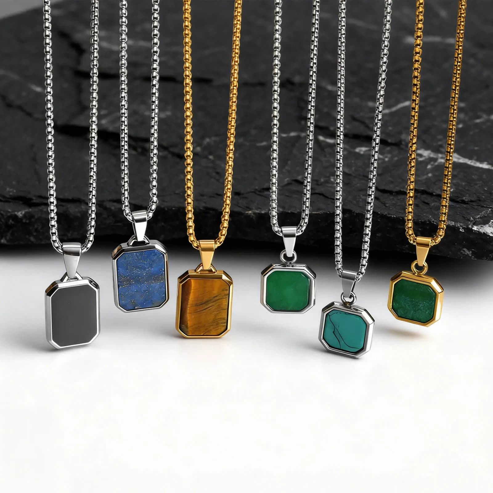 Trendy Pendant Necklaces for Men,Square Natural Stone Stainless Steel Necklaces,Hip Hop Healing Jewelry Gifts for Husband Dad