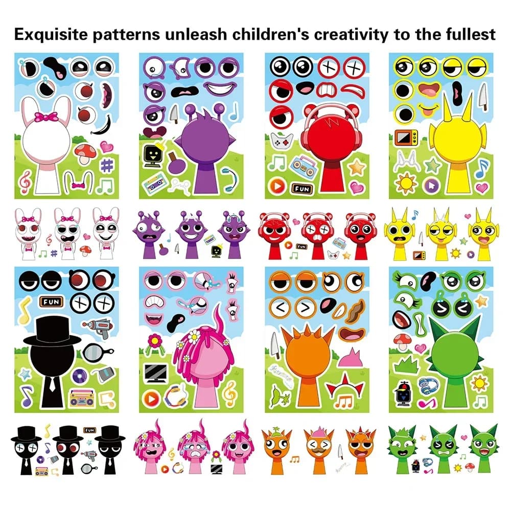 8/16Sheets Incredibox Sprunki Puzzle Stickers Children Make a Face Ryder Anime Assemble Jigsaw Kid DIY Game Party Decoration