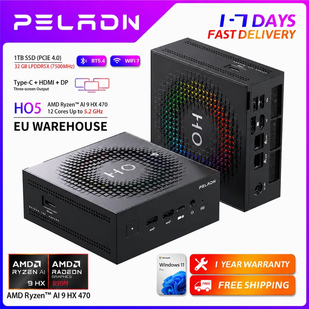 Peladn HO5 AI Mini PC AMD Ryzen™ AI 9 HX 470 （12 Cores Up to 5.2 GHz）32GB DDR5 1TB SSD 80TOPs Computing Power Support QCulink Port WIFI 7 BT 5.4